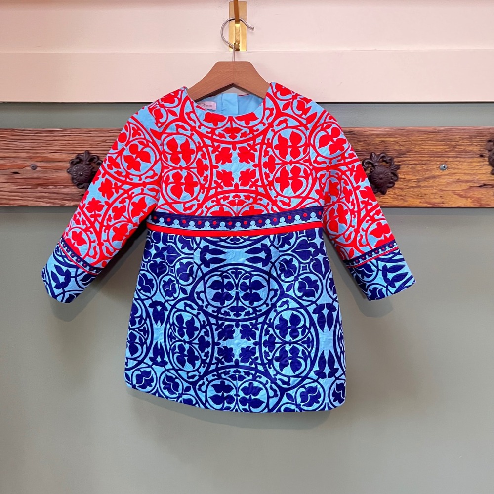 Monsoon Girls Red Blue Damask Jacquard Beaded Empire Waist Dress Size 4A 4 Years
